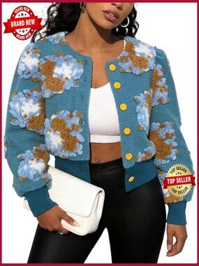 Cropped Floral Print Bomber Jacket Fleece Varsity Jacket Button Down Puff